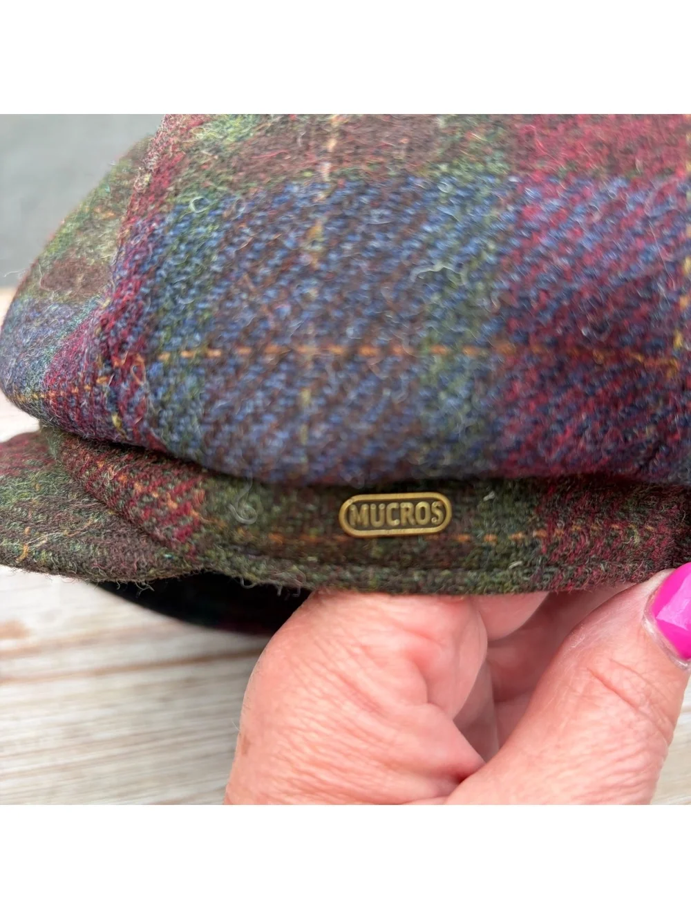 Mucros Weavers Newsboy Cap in Multi Plaid Wool with Black Flower Accent
